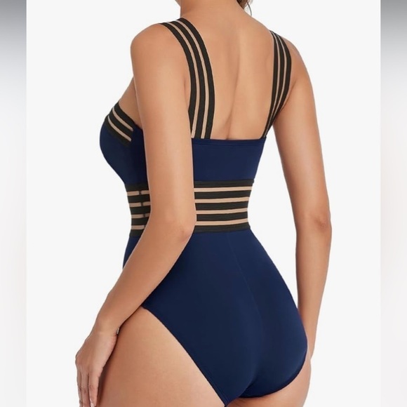 NWT Hilor One Piece Swimsuit Size 16 Navy Blue Black Sheer Straps - Picture 2 of 7